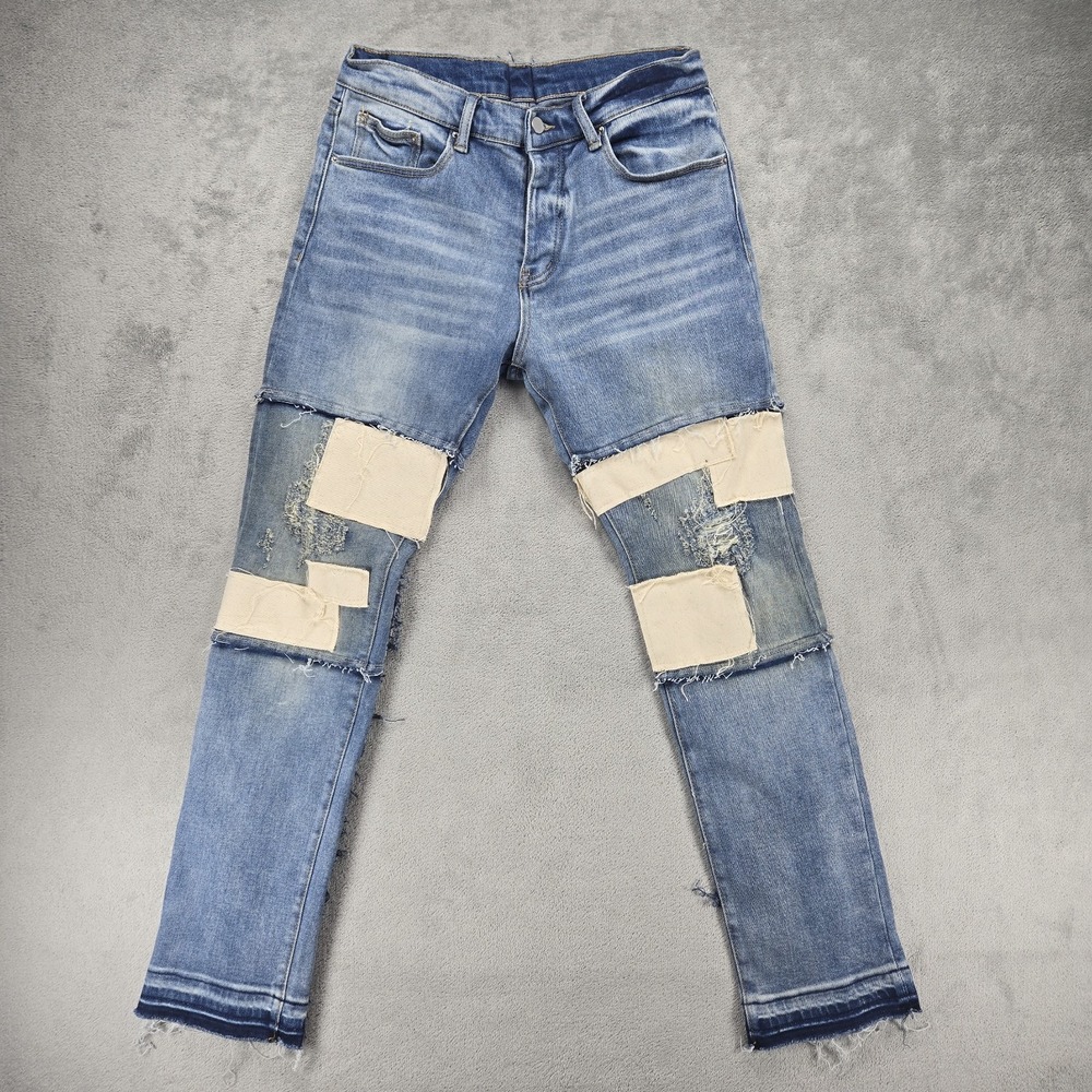 MNML Jeans Men's Size 31 Blue Deconstructed Patchwork Distressed‎ Button Fly